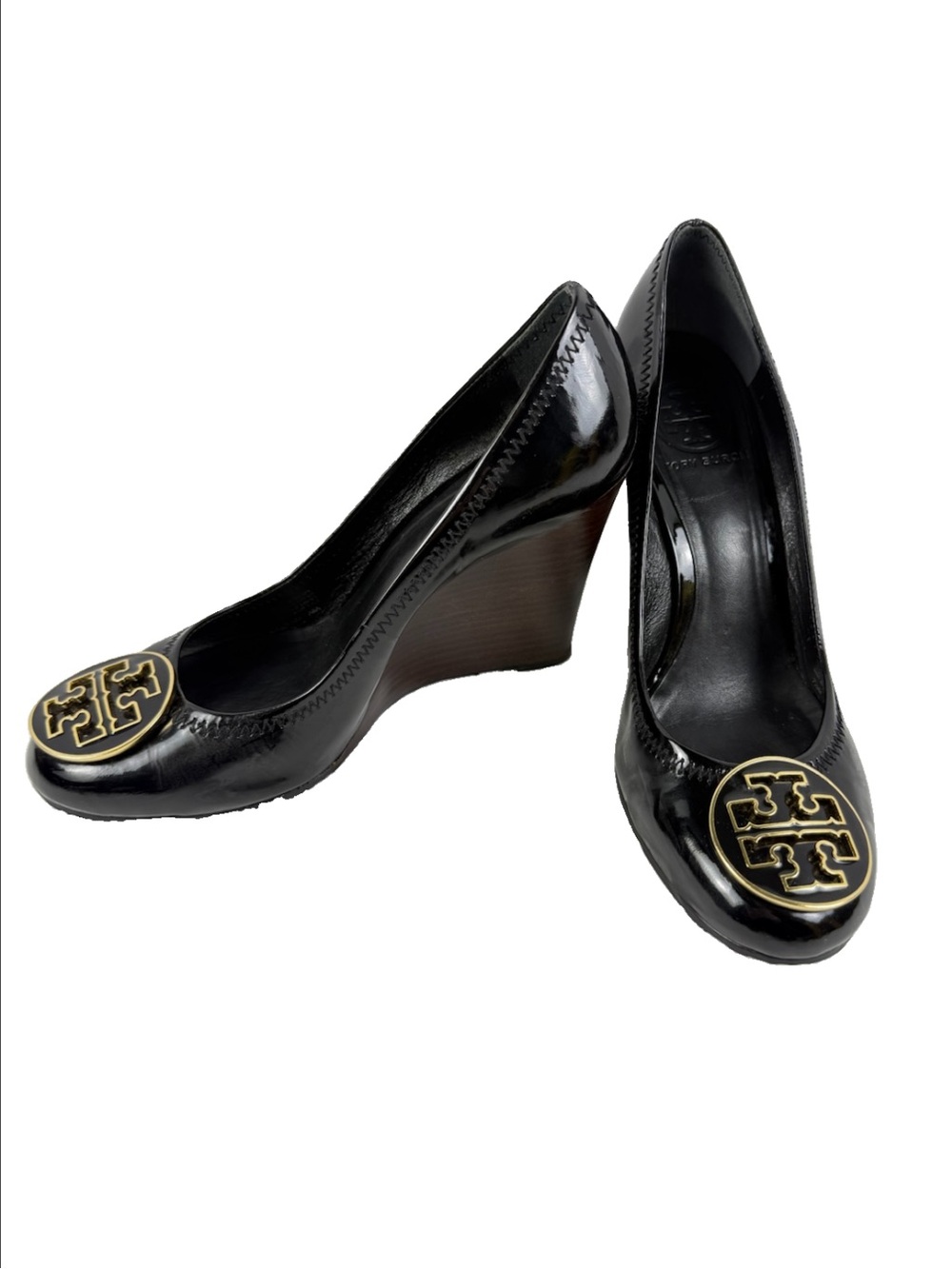 Tory Burch Woman’s 7.5 Caroline Wedge Pump Black Patent Leather Heels Shoe
